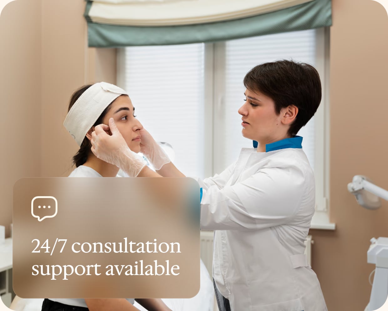 Dermatologist examining a patient's face in the clinic — 24/7 consultation support available