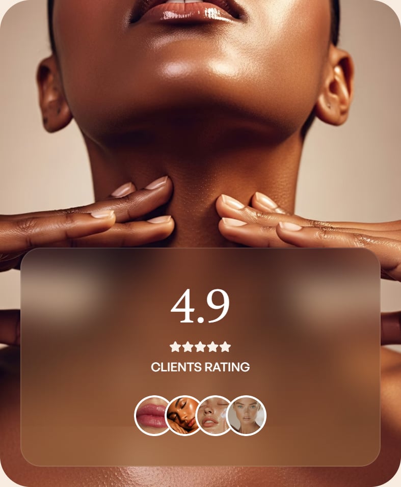 Close-up of a woman's neck and jawline — 4.9 clients rating, five stars